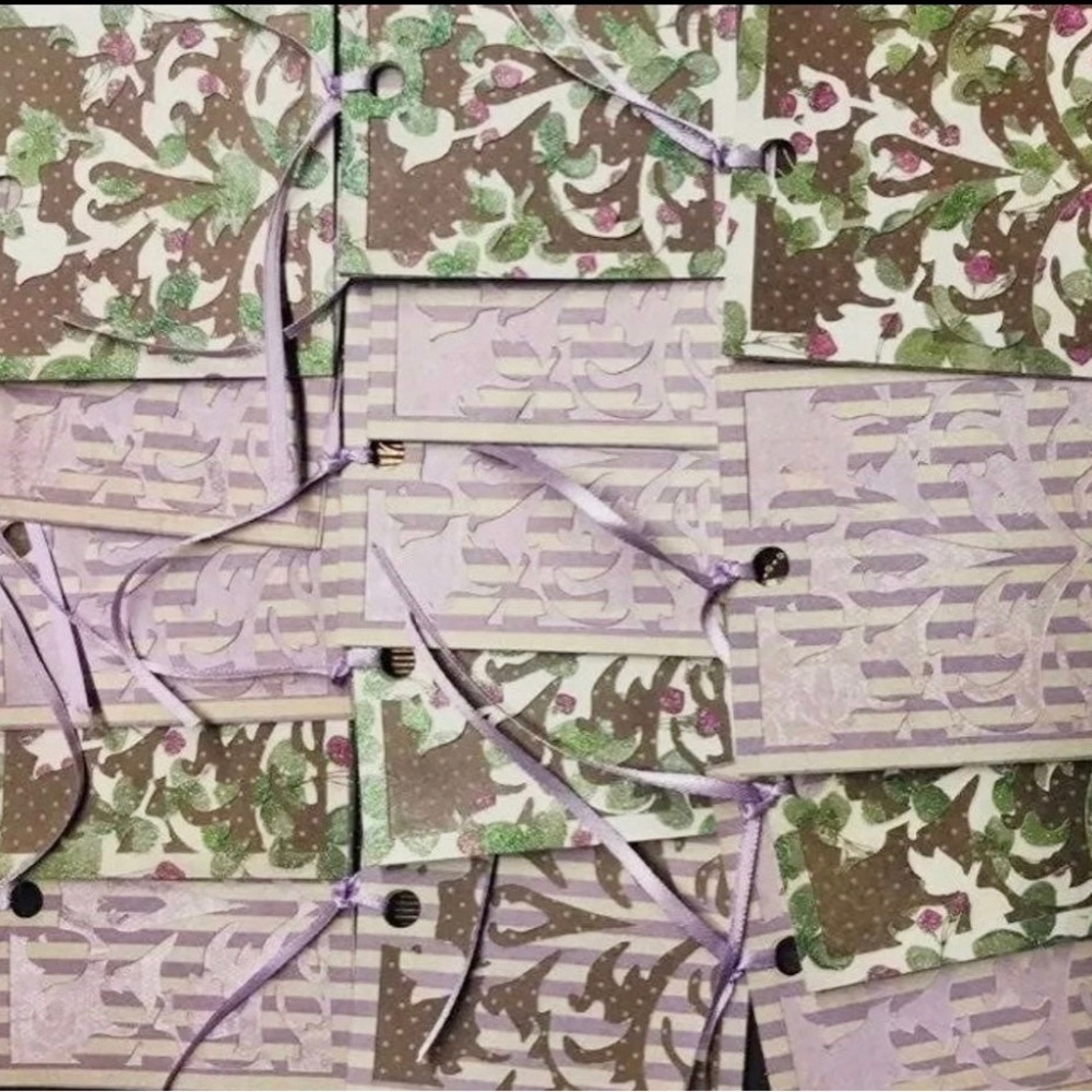 14 pcs Hand Crafted Purple Mint Green Gift Tags Lace Design Notecards Wrappings